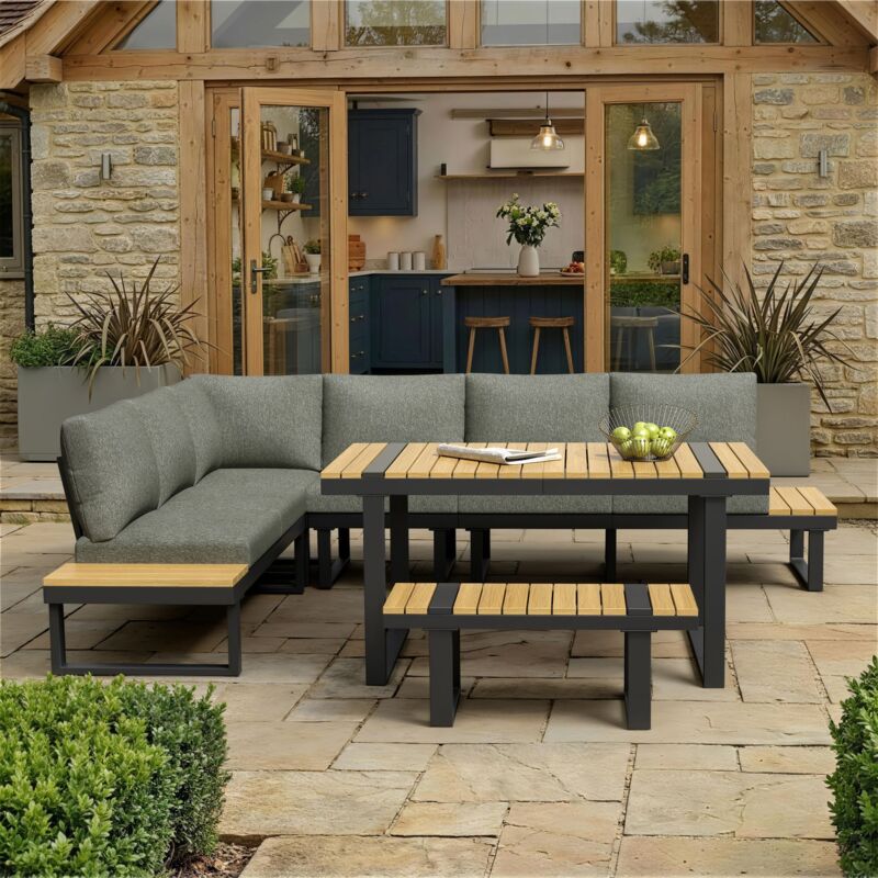 Salon de jardin 6 places - canapé d'angle - avec table et un banc - plateau en bois plastique - en fer galvanisé - Gris Salon de jardin 6 places - canapé d'angle - avec table et un banc - plateau en bois plastique - en fer galvanisé - Gris