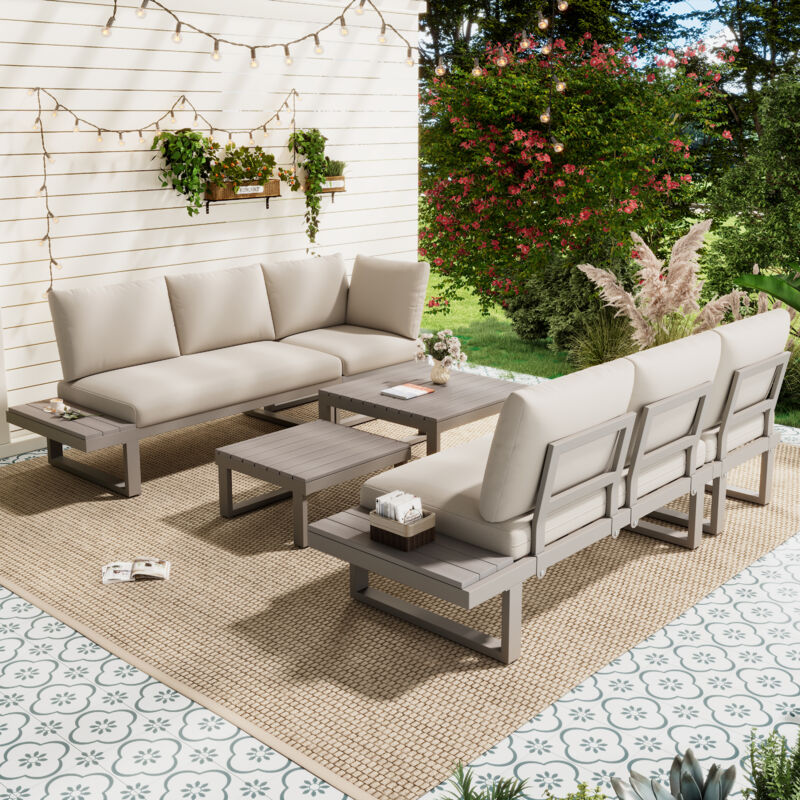 Salon de jardin 6 places - en acier galvanisé - canapé d'angle - 2 tables basses - plateau en bois plastique - Kaki