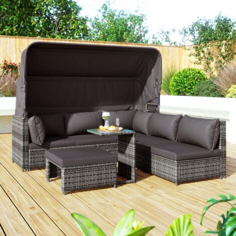 Salon de jardin, 6 places - en polyrotin - avec auvent extensible, canapé 3 places, 3 tabourets, table, coussins - gris