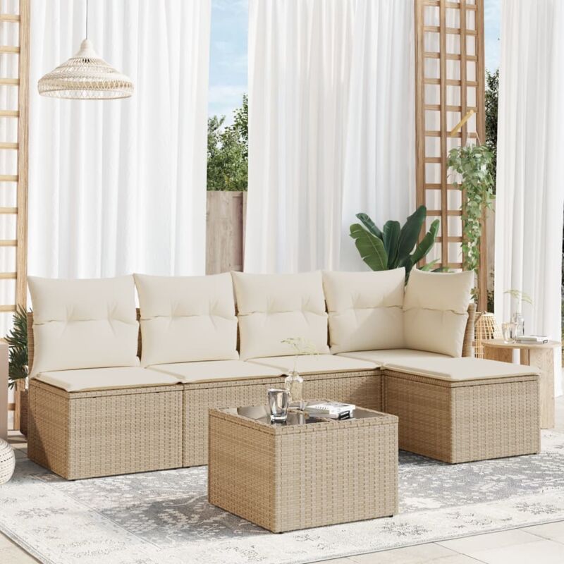 Salon de Jardin 6 Places en Résine Tressée Beige avec Coussins - Ensemble Modulaire avec Table en Verre et Espace de Rangement