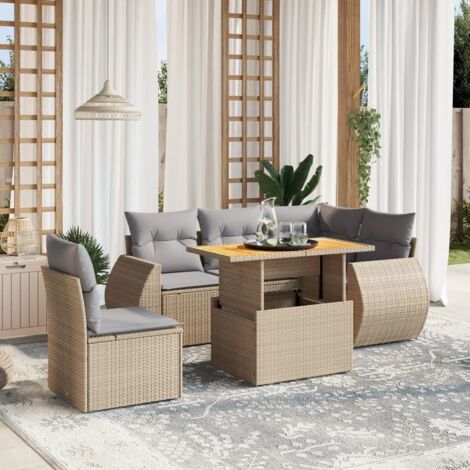 Salon de Jardin 6 Places en Résine Tressée Beige avec Coussins Gris - Table Réglable et Design Modulaire