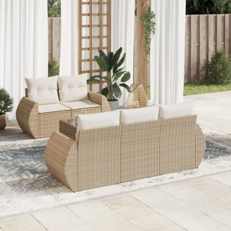 Salon de Jardin 6 Places en Résine Tressée Beige avec Coussins, Table Verre Trempé et Rangement Modulaire