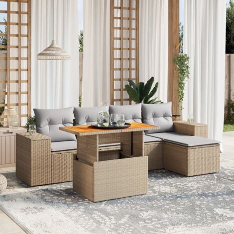 Salon de Jardin 6 Places en Résine Tressée Beige avec Table Modulable et Coussins Gris Lavables