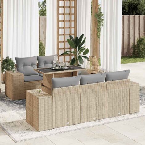 Salon de Jardin 6 Places en Résine Tressée Beige avec Table Modulable et Coussins Gris, Stockage Intégré