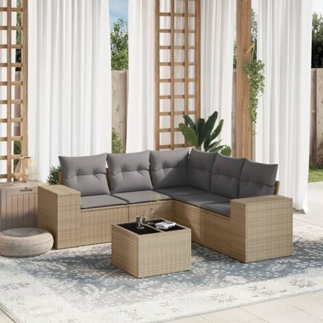 Salon de Jardin 6 Places en Résine Tressée Beige avec Table Verre Trempé et Coussins Gris Amovibles - Ensemble Modulaire avec Rangement Intégré
