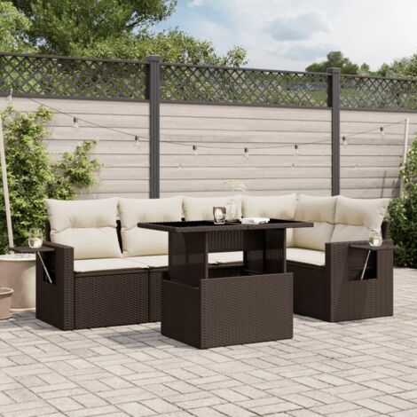Salon de jardin 6 places en résine tressée marron avec table réglable et coussins modulables, tables d'appoint intégrées, design modulaire pour terrasse et jardin.