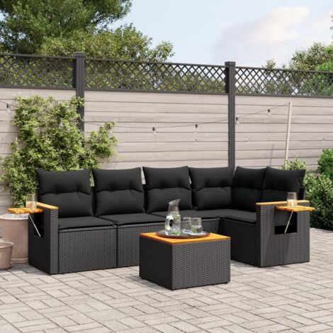 Salon de Jardin 6 Places en Résine Tressée Noir avec Coussins - Ensemble Modulaire avec Table Acacia et Housses Lavables