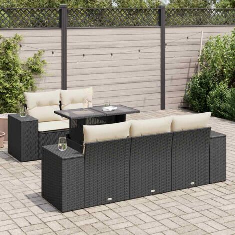 Salon de Jardin 6 Places en Résine Tressée Noir avec Table Réglable et Coussins Crème - Ensemble Modulaire avec Rangement Intégré