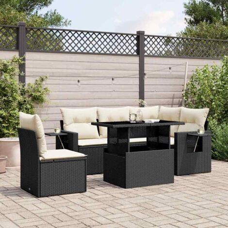 Salon de Jardin 6 Places en Résine Tressée Noir avec Table Réglable et Coussins Crème - Ensemble Modulaire pour Terrasse et Jardin