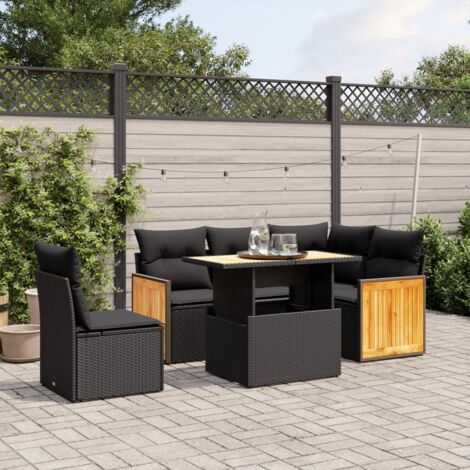 Salon de Jardin 6 Places en Résine Tressée Noir - Ensemble Canapé d'Angle avec Table Réglable et Coussins Amovibles