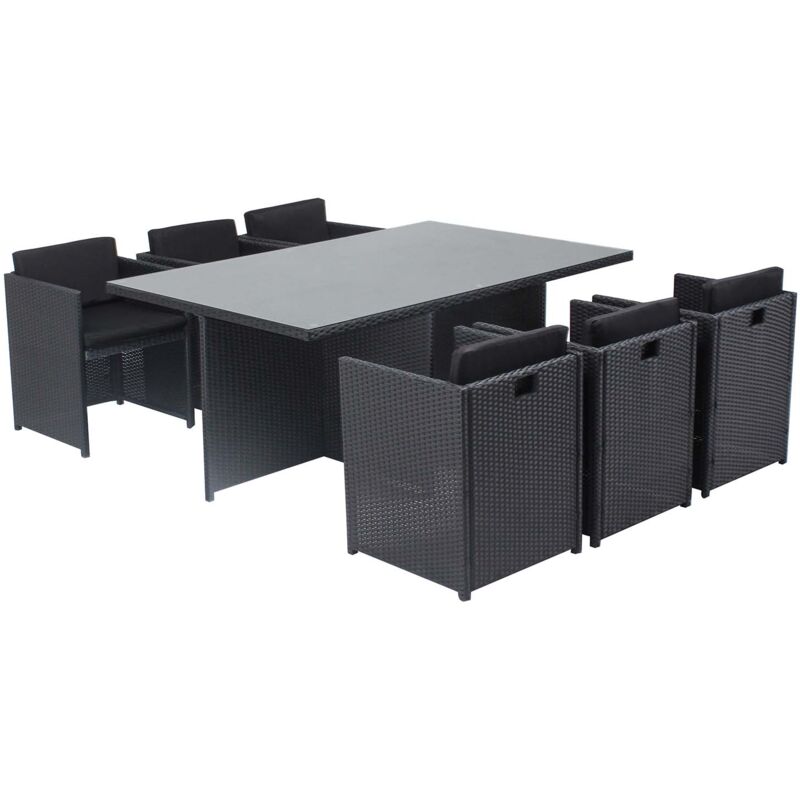 Concept-usine - Miami 6 Noir/Noir : salon encastrable 6 personnes en résine tressée noire poly rotin