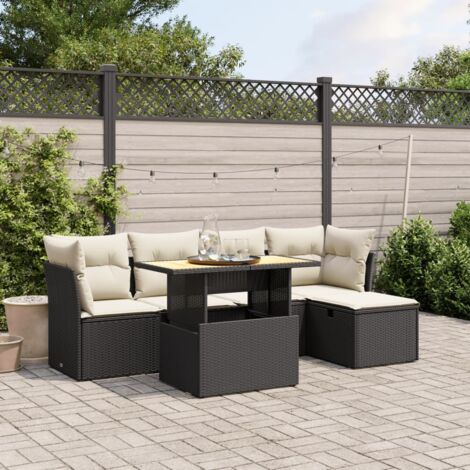Salon de jardin 6 places en résine tressée noire avec coussins - Ensemble canapé d'angle modulaire, table réglable et repose-pieds