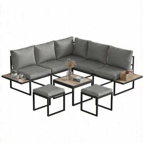 Salon de jardin 6 places modulable table basse et plateaux latéraux bois PSPC coussins épais 10cm gris