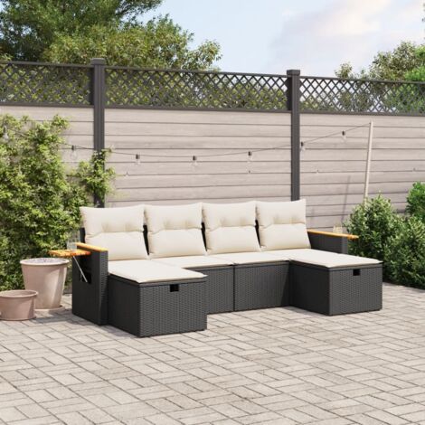Salon de Jardin 6 Places Noir Résine Tressée avec Coussins Crème - Ensemble Modulaire Canapé et Pouf
