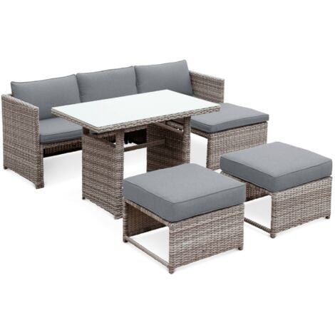 Salon de jardin 6 places - Reggiano - Table de jardin avec canapé. méridienne et 2 poufs encastrables Gris / Gris taupe