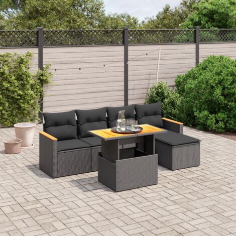 Salon de Jardin 6 Places Résine Tressée Noir avec Table Modulable et Coussins Confortables - Ensemble Modulaire pour Terrasse et Jardin