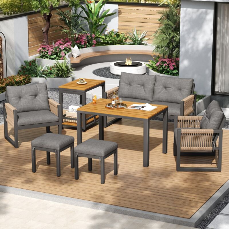 Salon de jardin 6 places, style scandinave, ensemble canapé extérieur avec table multifonction, accoudoirs tressés, coussins inclus, Gris