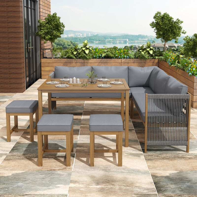 Salon de jardin 7-8 personnes , canapé angle, 3 tabourets, table, coussins inclus, rotin et bois acacia, gris et naturel Salon de jardin 7-8 personnes , canapé angle, 3 tabourets, table, coussins inclus, rotin et bois acacia, gris et naturel
