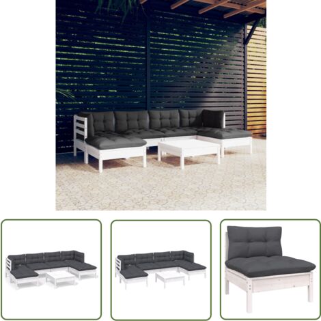 Salon de jardin 7 pcs avec coussins blanc bois de pin