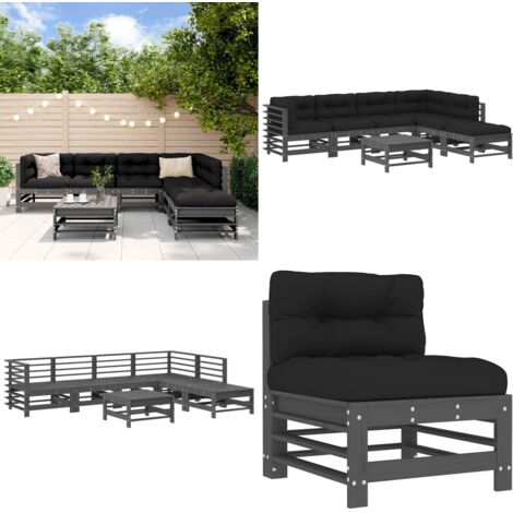 Salon de jardin 7 pcs avec coussins gris bois massif - Salon De Jardin - Mobilier De Jardin - Ensemble Salon - Meubles De Jardin - Bois Massif - Home & Living