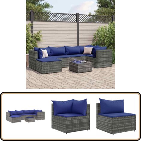 Salon de jardin 7 pcs avec coussins Gris Résine tressée - Salon De Jardin - Meuble De Jardin - Set De Salon - Résine Tressée - Rotin Synthétique