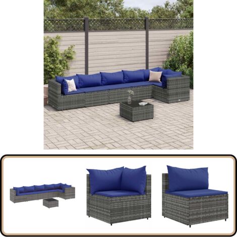 Salon de jardin 7 pcs avec coussins Gris Résine tressée - Salon De Jardin - Meuble De Jardin - Set De Salon - Résine Tressée - Rotin Synthétique