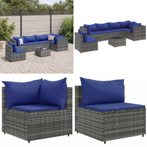 Salon de jardin 7 pcs avec coussins Gris Résine tressée - Salon De Jardin - Meuble De Jardin - Set De Salon - Résine Tressée - Rotin Synthétique - Home & Living