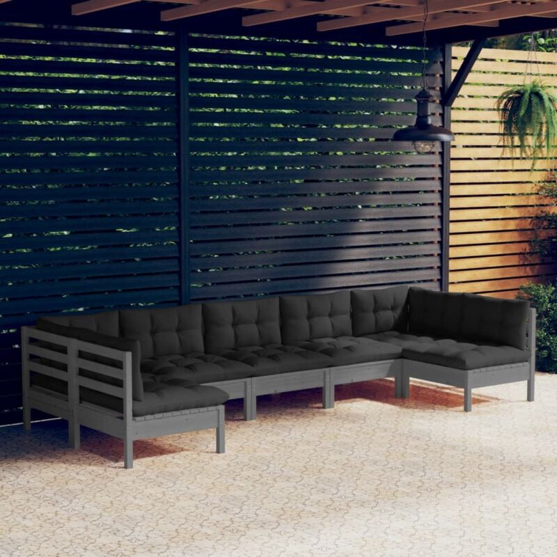 Vidaxl - Salon de jardin 7 pcs avec coussins Gris Bois de pin massif