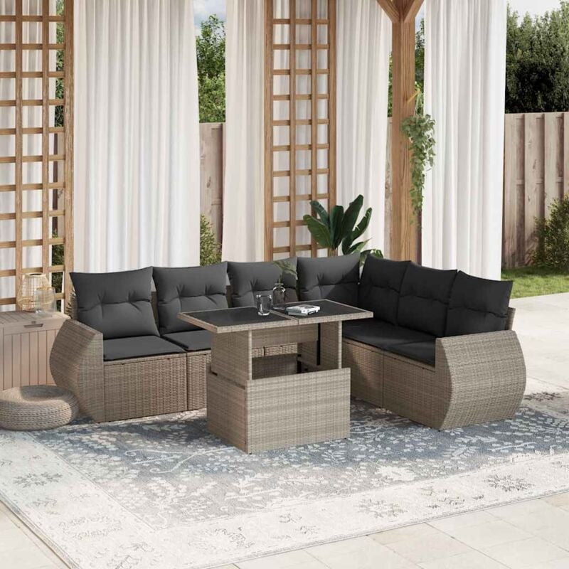Salon de jardin avec coussins 7 pcs gris clair résine tressée - Vidaxl