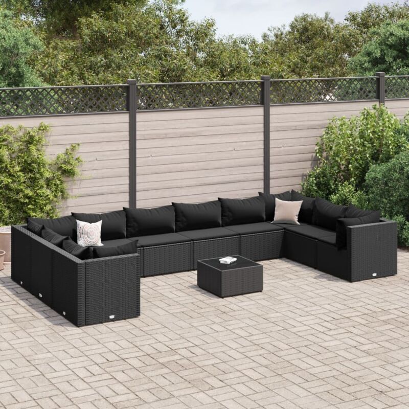 Salon de jardin 11 pcs avec coussins noir résine tressée Vidaxl