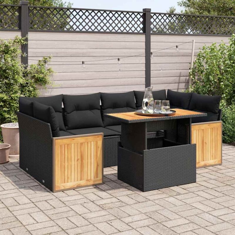 Salon de jardin avec coussins 7 pcs noir résine tressée acacia vidaXL