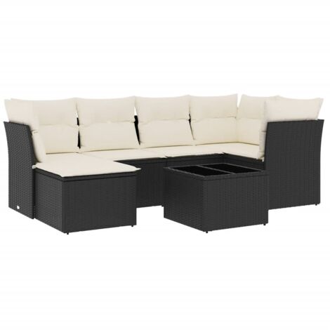 Salon de jardin 7 pcs avec coussins noir résine tressée