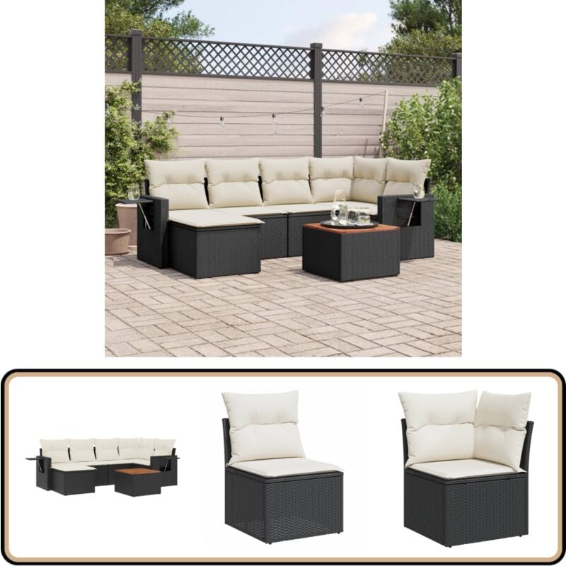 Salon de jardin 7 pcs avec coussins noir résine tressée - Canapé Jardin - Salon Extérieur - Mobilier De Jardin - Set De Jardin - Chaise Longue