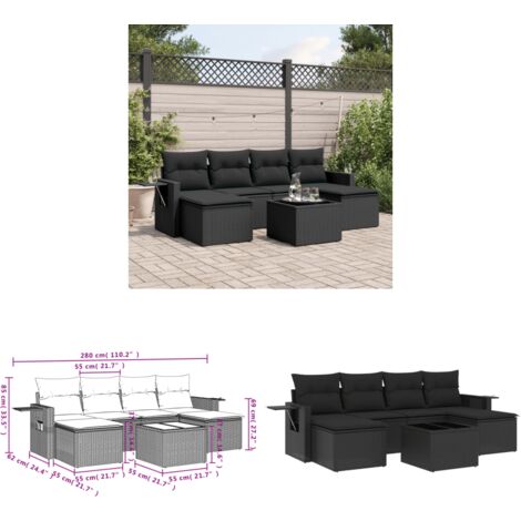 Salon de jardin 7 pcs avec coussins noir résine tressée - Ensemble Salon De Jardin - Meuble Extérieur - Jardin Design - Mobilier De Jardin - Chaise Longue - Home & Living