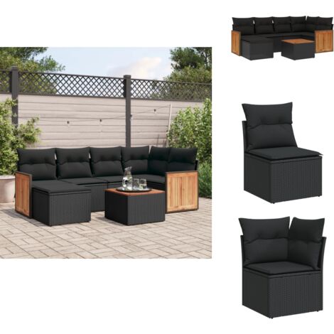 Salon de jardin 7 pcs avec coussins noir résine tressée - Ensemble Salon De Jardin - Meuble Extérieur - Mobilier De Jardin - Chaise Longue - Set De Salon