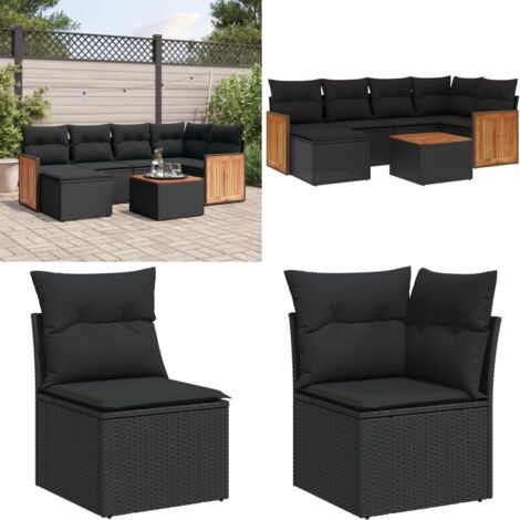 Salon de jardin 7 pcs avec coussins noir résine tressée - Ensemble Salon De Jardin - Meuble Extérieur - Mobilier De Jardin - Chaise Longue - Set De Salon - Home & Living