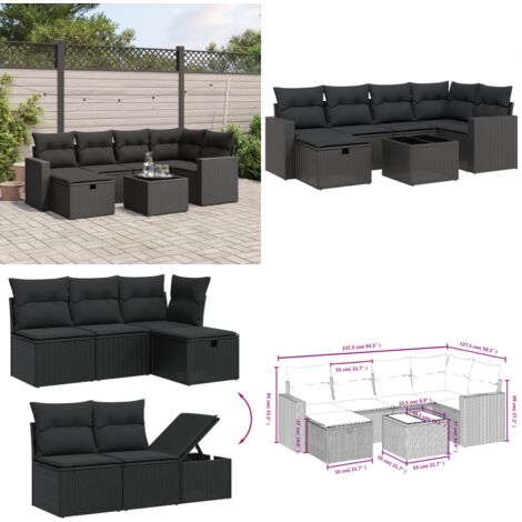 Salon de jardin 7 pcs avec coussins noir résine tressée - Ensemble Salon De Jardin - Mobilier De Jardin - Canapé D'extérieur - Set De Salon - Chaise Longue - Home & Living