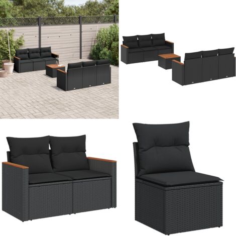 Salon de jardin 7 pcs avec coussins noir résine tressée - Ensemble Salon De Jardin - Mobilier De Jardin - Canapé Extérieur - Table De Jardin - Chaise Lounge - Home & Living