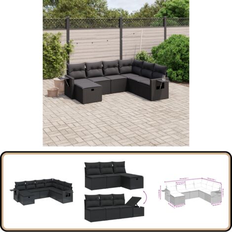 Salon de jardin 7 pcs avec coussins noir résine tressée - Ensemble Salon De Jardin - Mobilier De Jardin - Salon Extérieur - Fauteuil De Jardin - Table Basse