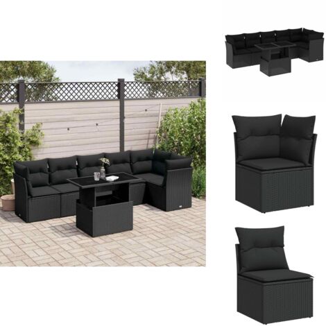 Salon de jardin 7 pcs avec coussins noir résine tressée - Ensemble Salon De Jardin - Salon De Jardin Extérieur - Meuble De Jardin - Table De Jardin Extensible - Chaise Longue