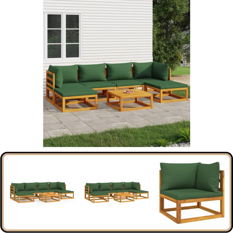 Salon de jardin 7 pcs avec coussins vert bois massif - Ensemble Salon Jardin - Mobilier Jardin - Salon De Jardin - Table Basse - Chaise Longue
