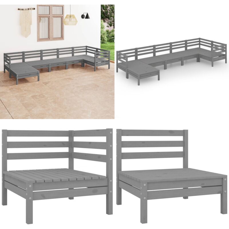 Salon de jardin 7 pcs Bois de pin massif Gris - Salon De Jardin - Ensemble De Salon De Jardin - Fauteuil De Jardin - Table Basse - Bois De Pin - Home