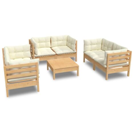 Salon de jardin 7 pcs Contemporain, Ensemble repas de jardin, avec coussins crème Bois de pin massif OIB6599E