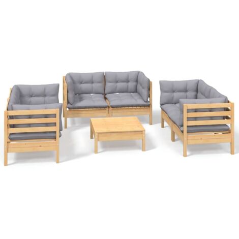 Salon de jardin 7 pcs Contemporain, Ensemble repas de jardin, avec coussins gris Bois de pin massif OIB2455E
