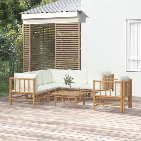 Salon de jardin 7 pcs - Ensemble Table et Chaise de Jardin - avec coussins blanc crème bambou BV703696 - BonneVie