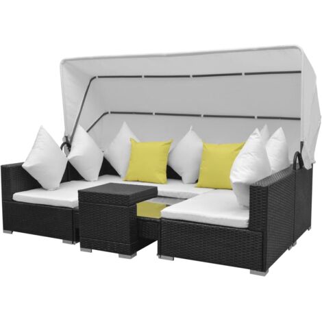 Salon de jardin 7 pcs  Mobilier de jardin avec baldaquin Résine tressée Noir