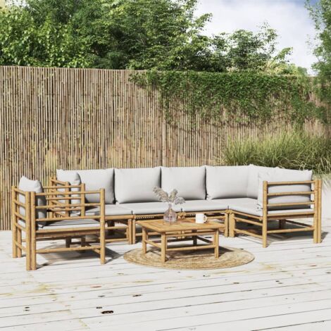 Salon de jardin 7 pcs,Mobilier de terrasse,Table et Chaise pour Relax avec coussins gris clair bambou -YZ488005