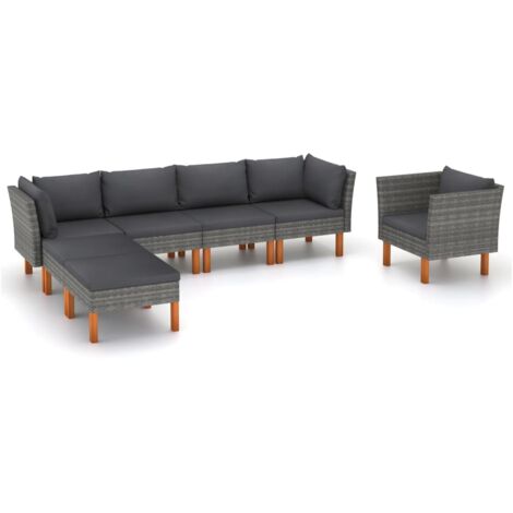 Salon de jardin 7 pcs,Mobilier de terrasse,Table et Chaise pour Relax Résine tressée et bois d'eucalyptus Gris -YZ726686