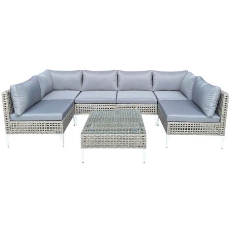 Salon de Jardin 7 Pièces, Canapé en Osier avec Coussins d'Assise et de Dossier, Table Basse en Verre Trempé pour Jardin, Piscine et Porche, Gris