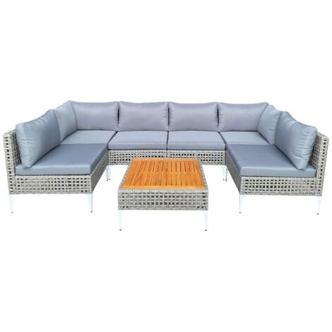 Salon de Jardin 7 Pièces, Canapé en Osier avec Coussins et Table Basse en Bois d'Acacia, pour Jardin, Bord de Piscine et Arrière-cour, Gris